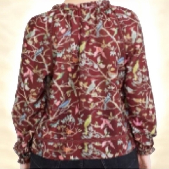 J. Crew Point Sur Deep Brown Ruffle Blouse Cottage Bird Print Semi Sheer Top - Picture 6 of 9